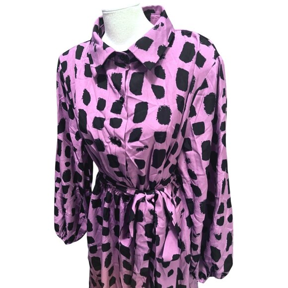BloomChic Shirt Collar Brush Print Belted Dress Sz 18/20 (2XL) Mauve Pink & Blac - Picture 5 of 15